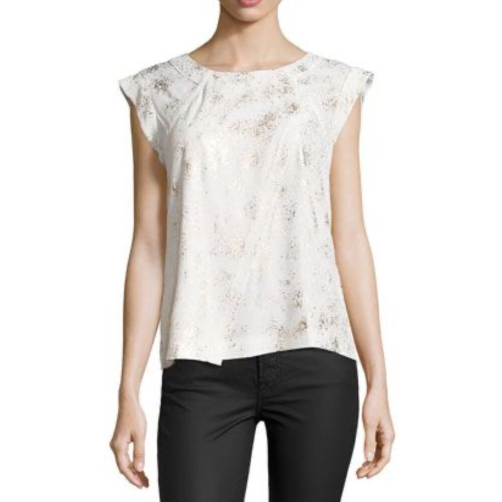 Rebacca Taylor Womens Silk Blouse Sz S Foil-Print Cream/Gold Flowy Feminine